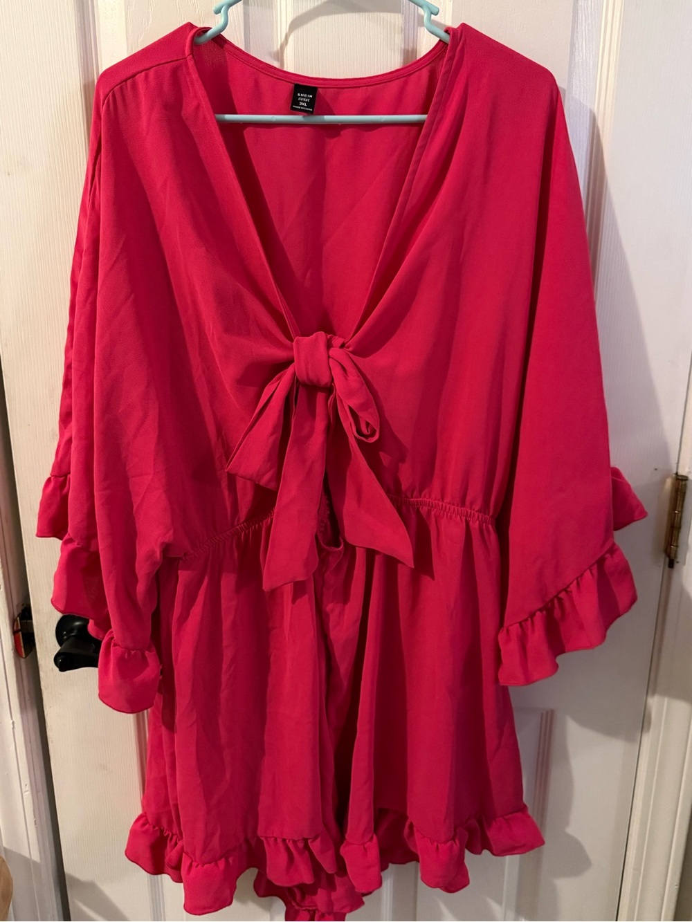 SHEIN Hot Pink Tie-Front Ruffle Romper